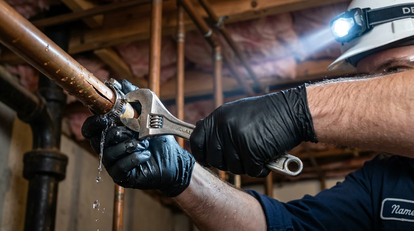 Emergency pipe clamp repair being performed by a Johns Plumbing LLC plumber in Harrington