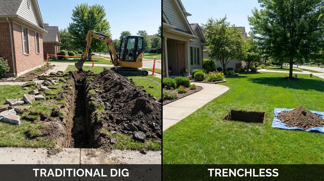 Trenchless sewer repair with minimal yard damage versus traditional excavation in Harrington, DE