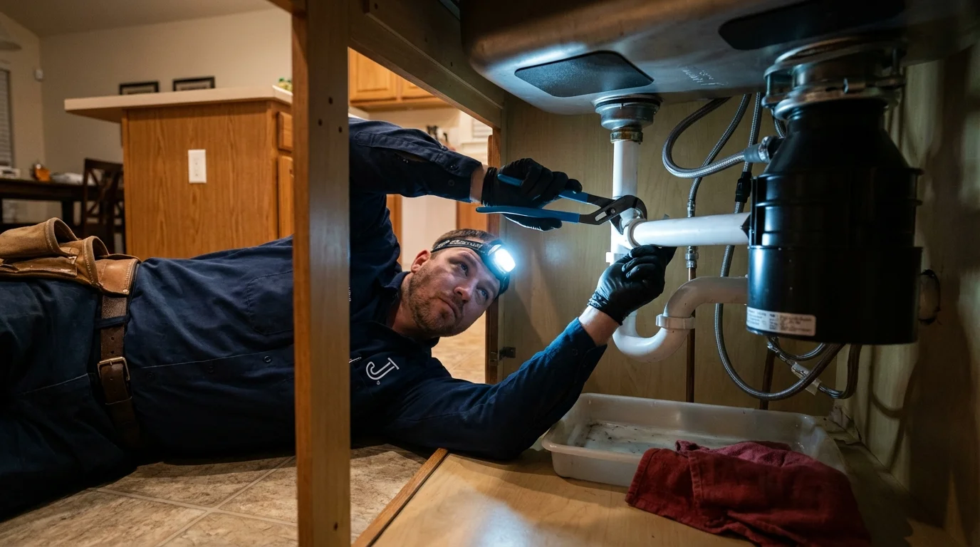 P-trap and supply line connections under a kitchen sink showing a common leak point in Harrington, DE